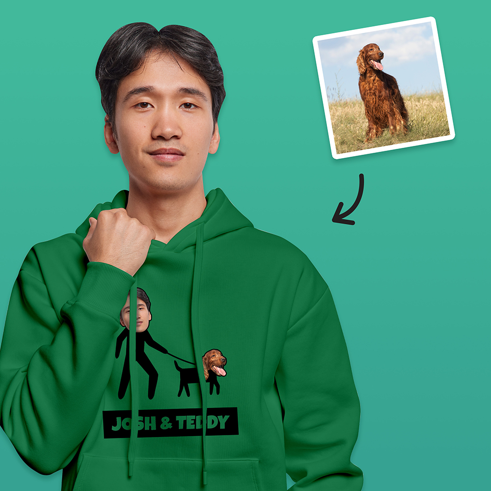 A green hoodie that can be customised with the face of a pet and its owner, this one makes it look like the owner is walking the dog with custom text reading Josh & Teddy