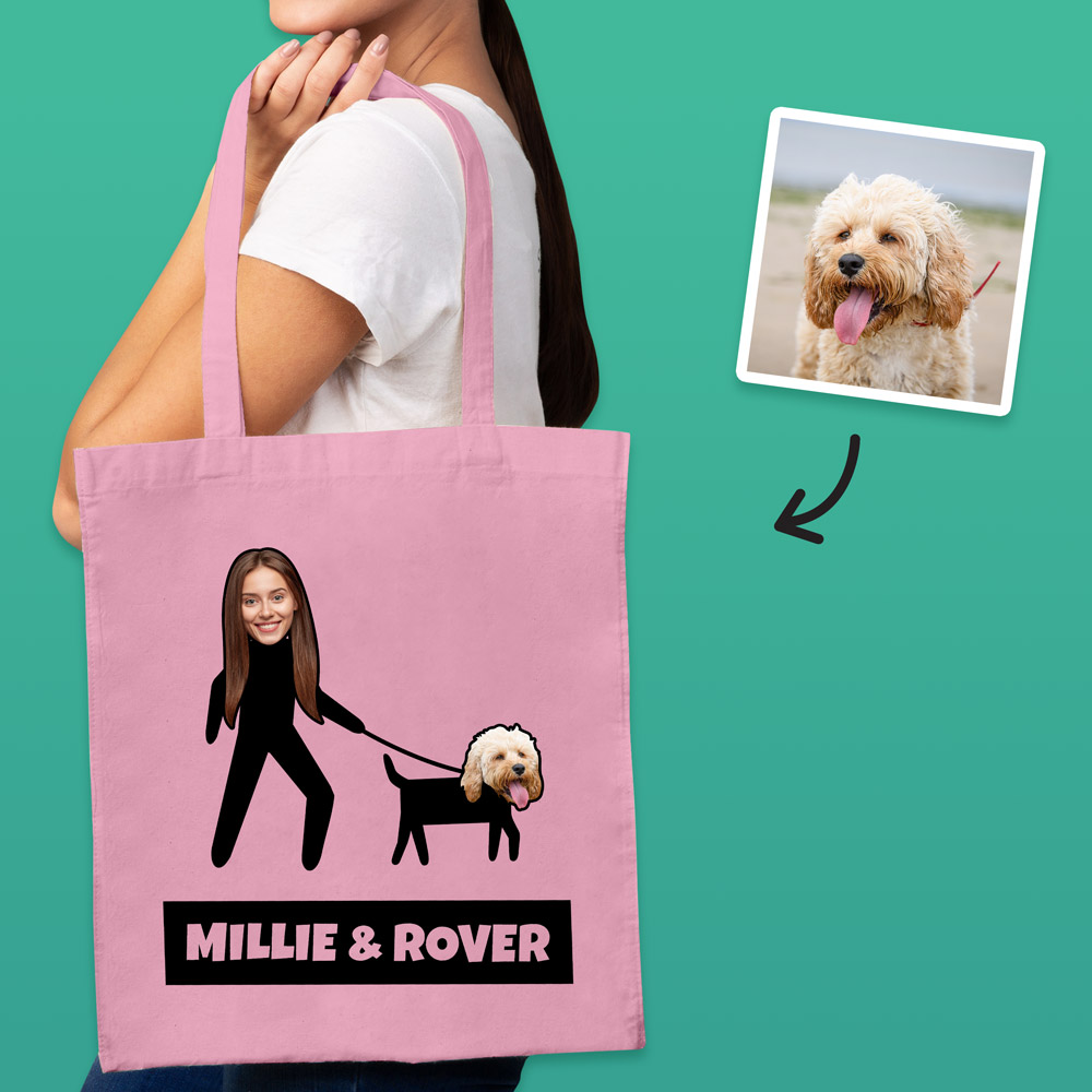 A pink tote bag that can be customised with the face of a pet and its owner, this one makes it look like the owner is walking the dog with custom text reading Millie & Rover