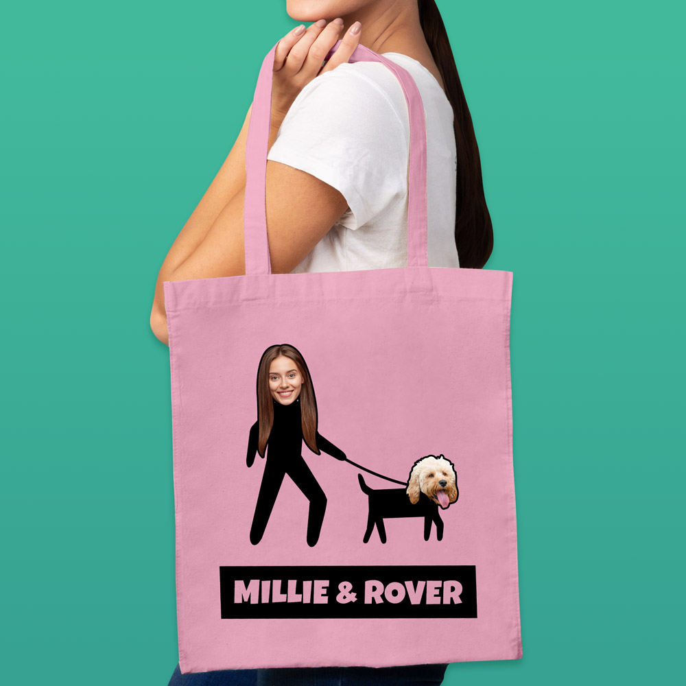 A custom pet tote bag with editable custom text reading Millie & Rover with a woman walking a dog which can be changed to add a photo of a pet owners face and a photo of a pet 