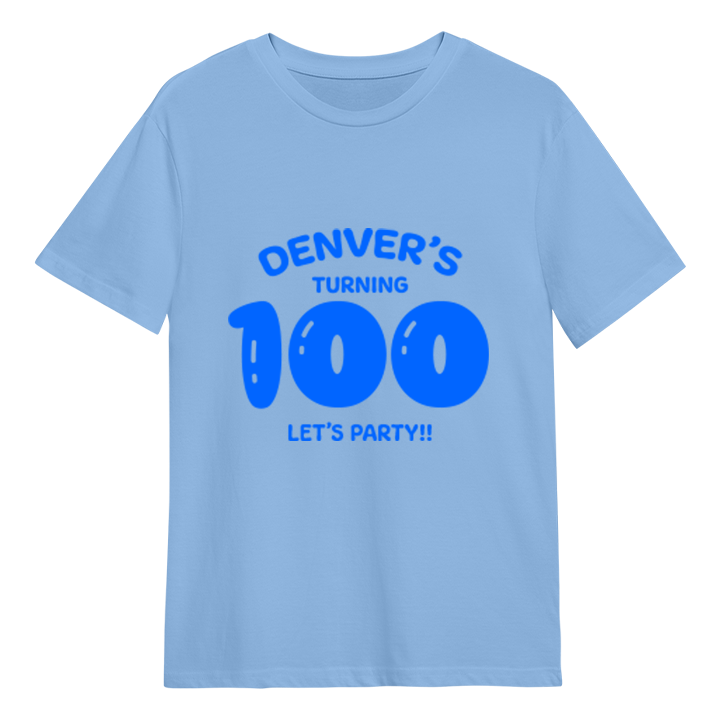 A custom 100th birthday t-shirt which has the custom text Denver's turning 100, Let's Party!! with the 100 in a balloon text
