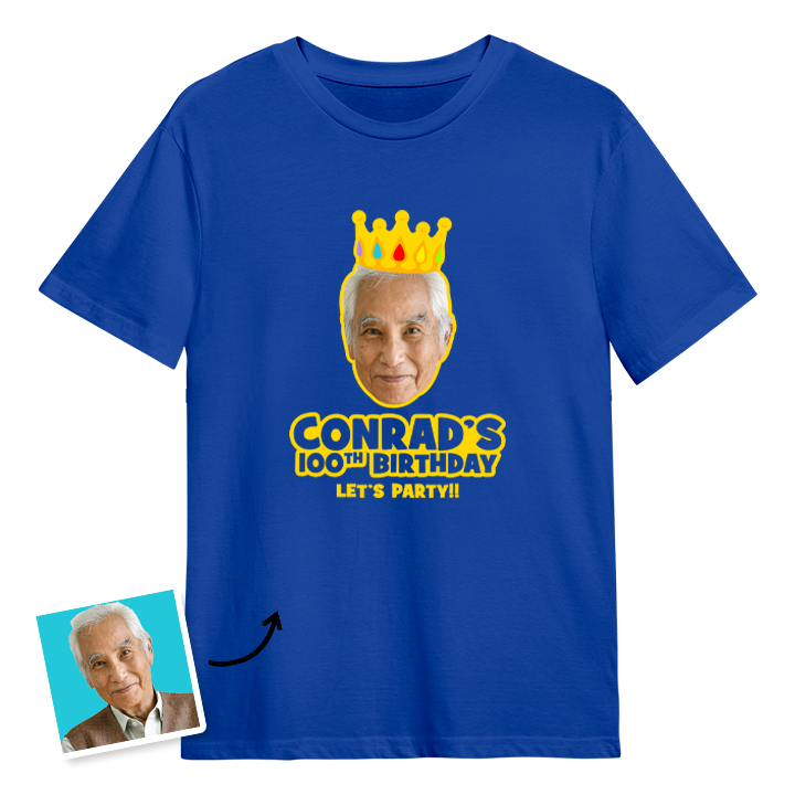A custom 100th birthday t-shirt with a man's face on it wearing a crown with custom text reading Conrad's 100th Birthday, Let's Party!!