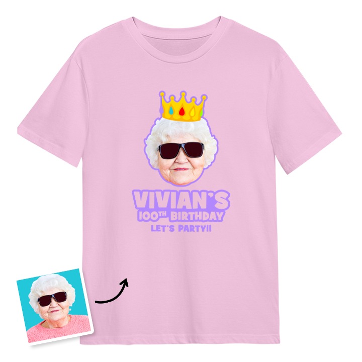 A custom 100th birthday t-shirt with a woman's face on it wearing a crown with custom text reading Vivian's 100th Birthday, Let's Party!!