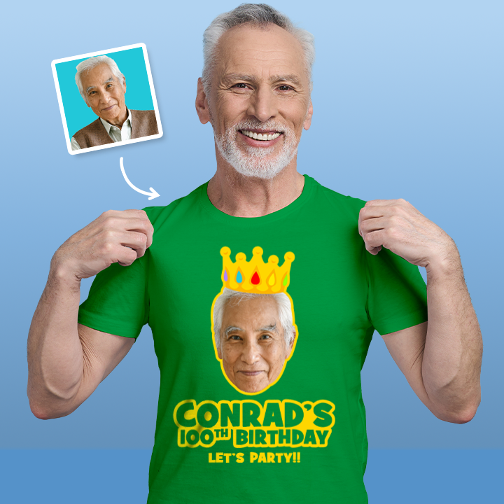 A male model wearing a custom 100th birthday shirt where you can add a person's picture so it looks like they're wearing a crown, as well as custom text 