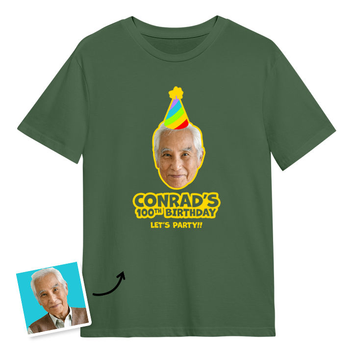 Birthday hat custom photo t shirt with a man's face on it who is wearing a party hat and the custom text Conrad's 100th birthday, let's party!!