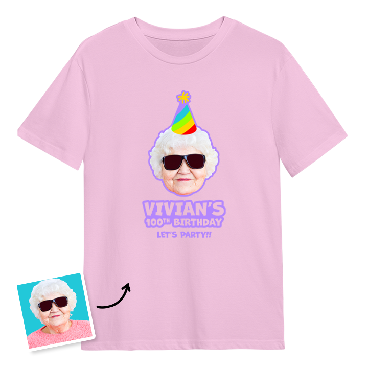Birthday hat custom photo t shirt with a woman's face on it who is wearing a party hat and the custom text Vivian's 100th birthday, let's party!!