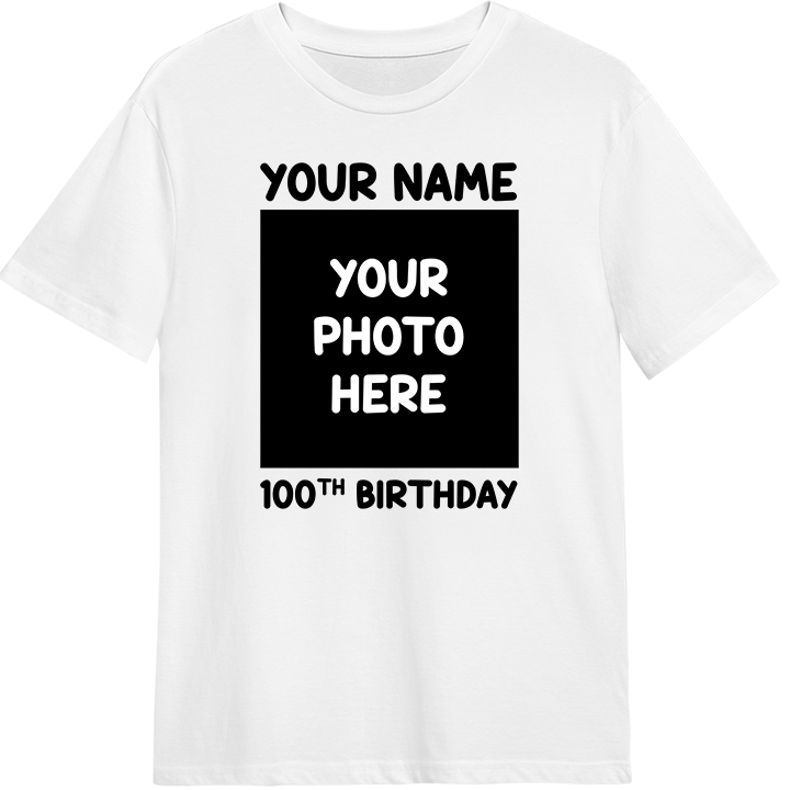 A custom 100th birthday t shirt that can be edited with a large picture of someone as well as two lines of custom text, one above and one below the photo 