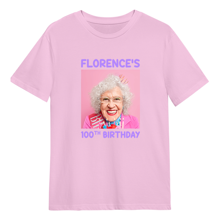 A custom birthday shirt that has had a photograph of a woman in a party hat added to it with the custom text Florence's 100th birthday