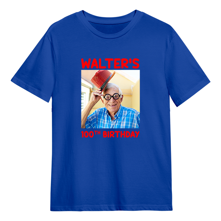A custom birthday shirt that has had a photograph of a man in a red sparkly top hat added to it with the custom text Walter's 100th birthday