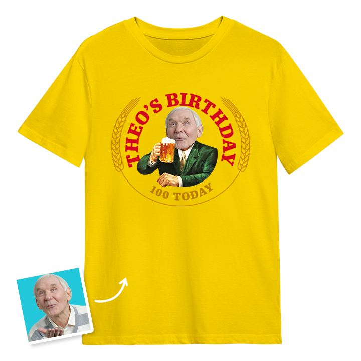 A Moretti themed 100th birthday t-shirt with a man's photo edited into the iconic Moretti design with custom text reading Theo's Birthday 100 Today