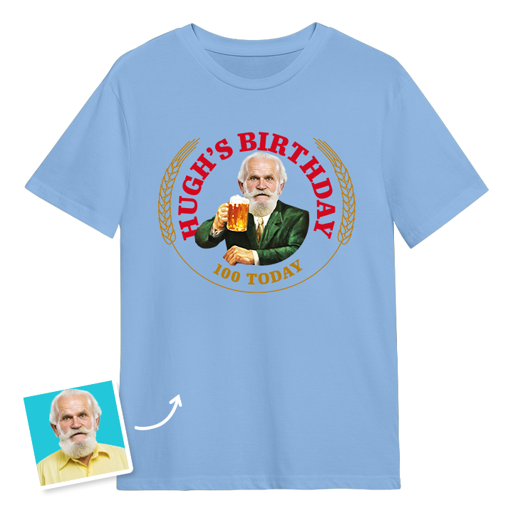 A Moretti themed 100th birthday t-shirt with a man's photo edited into the iconic Moretti design with custom text reading Hugh's Birthday 100 Today