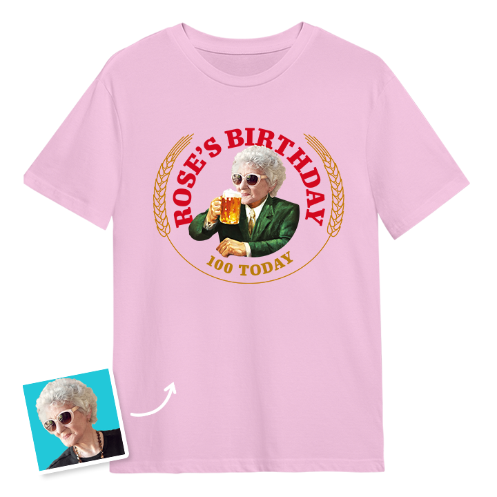 A Moretti themed 100th birthday t-shirt with a woman's photo edited into the iconic Moretti design with custom text reading Rose's Birthday 100 Today