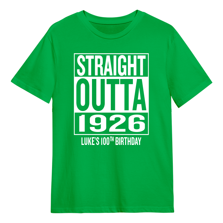 A straight outta compton themed 100th birthday t-shirt that reads Straight Outta 1926 and the custom text Luke's 100th Birthday 
