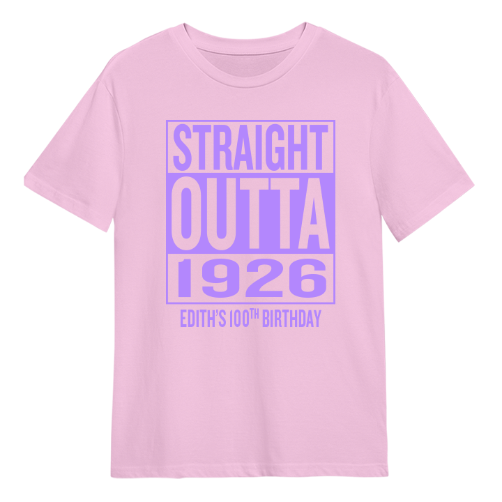 A straight outta compton themed 100th birthday t-shirt that reads Straight Outta 1926 and the custom text Edith's 100th Birthday