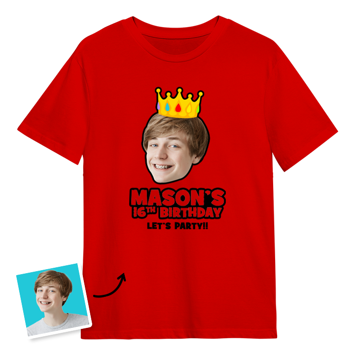 A custom 16th birthday t-shirt with a man's face on it wearing a crown with custom text reading Mason's 16th Birthday, Let's Party!!