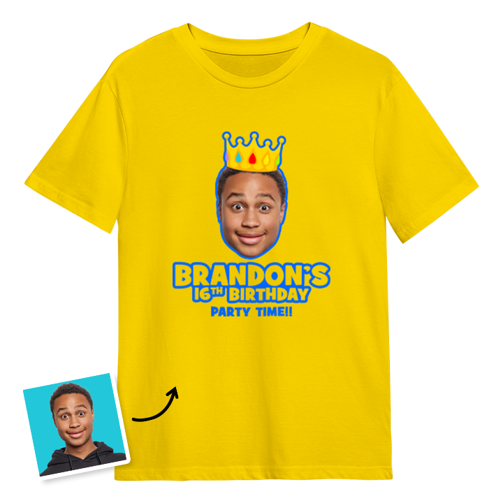 A custom 16th birthday t-shirt with a man's face on it wearing a crown with custom text reading Brandon's 16th Birthday, Let's Party!!
