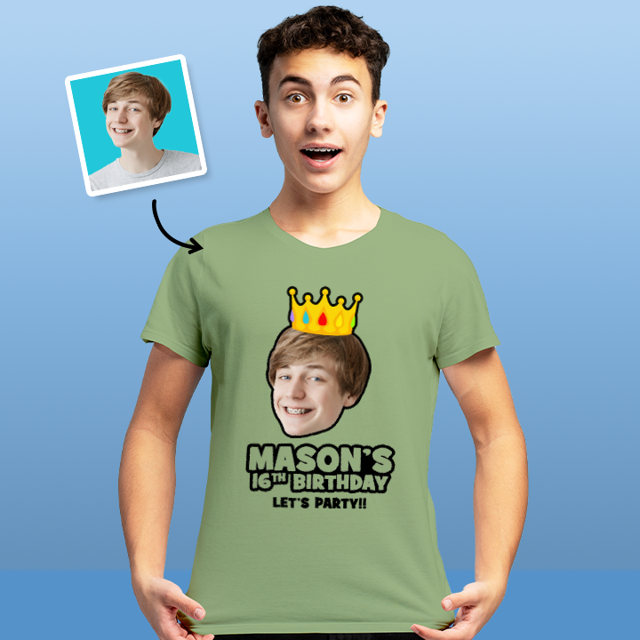 A male model wearing a custom 16th birthday shirt where you can add a person's picture so it looks like they're wearing a crown, as well as custom text 