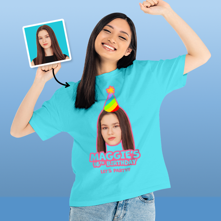 A female model wearing a custom 16th birthday shirt where you can add a person's picture so it looks like they're wearing a rainbow coloured party hat, as well as custom text 