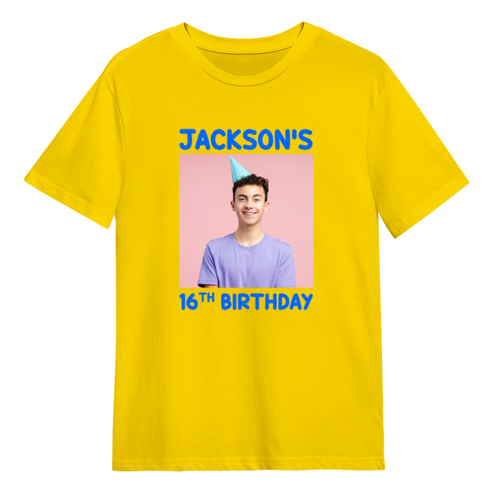 A custom birthday shirt that has had a photograph of a man added to it with the custom text Jackson's 16th Birthday 