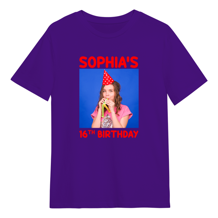 A custom birthday shirt that has had a photograph of a woman added to it with the custom text Sophia's 16th Birthday 