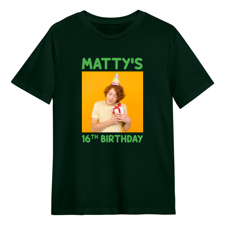 A custom birthday shirt that has had a photograph of a man added to it with the custom text Matty's 16th Birthday 