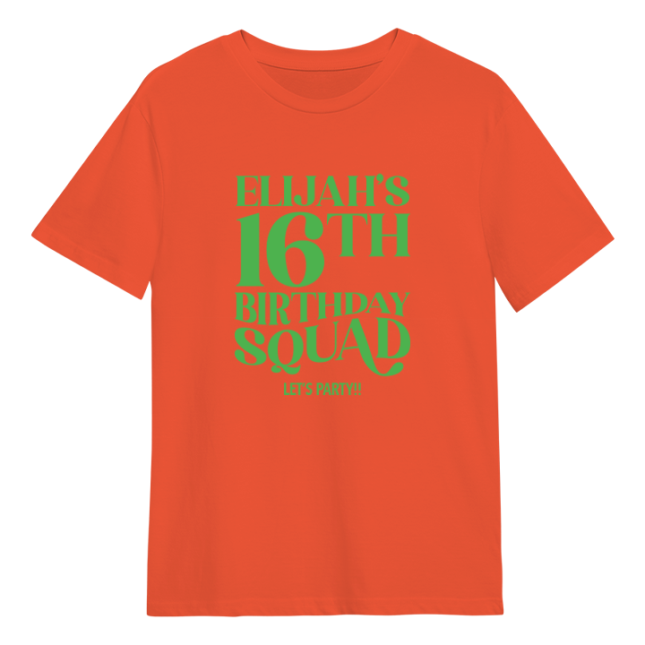 A custom 16th birthday shirt which has the custom text Elijah's 16th Birthday Squad, Let's Party!! in a fancy font