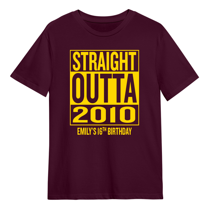 A straight outta compton themed 16th birthday t-shirt that reads Straight Outta 2010 and the custom text Emily's 16th Birthday 