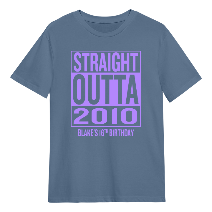 A straight outta compton themed 16th birthday t-shirt that reads Straight Outta 2010 and the custom text Blake's 16th Birthday
