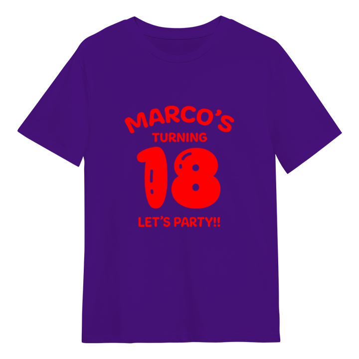 A custom 18th birthday t-shirt which has the custom text Marco's turning 18, Let's Party!! with the 18 in a balloon text
