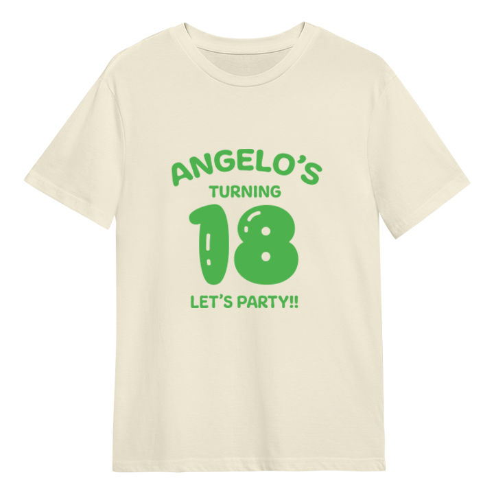 A custom 18th birthday t-shirt which has the custom text Angelo's turning 18, Let's Party!! with the 18 in a balloon text