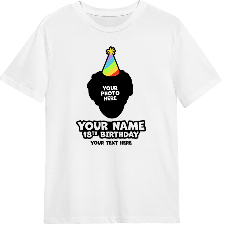 A custom 18th birthday shirt where you can add a person's picture so it looks like they're wearing a rainbow coloured party hat, as well as custom text 