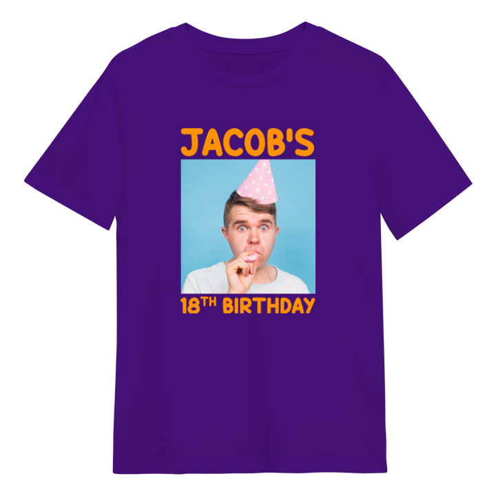 A custom birthday shirt that has had a photograph of a man wearing a party hat added to it with the custom text Jacob's 18th Birthday