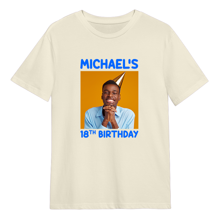 A custom birthday shirt that has had a photograph of a man added to it with the custom text Michael's 18th Birthday
