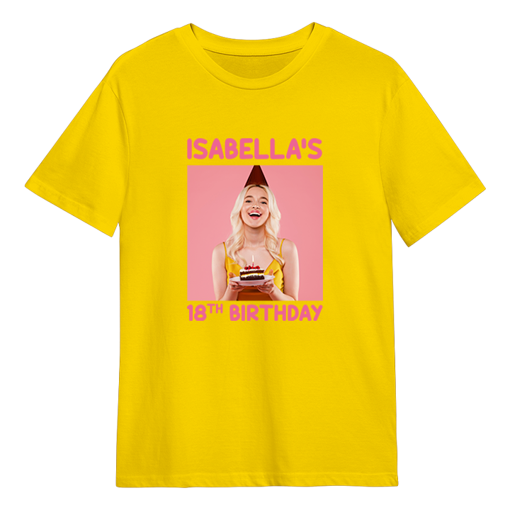 A custom birthday shirt that has had a photograph of a woman in a party hat added to it with the custom text Isabella's 18th Birthday