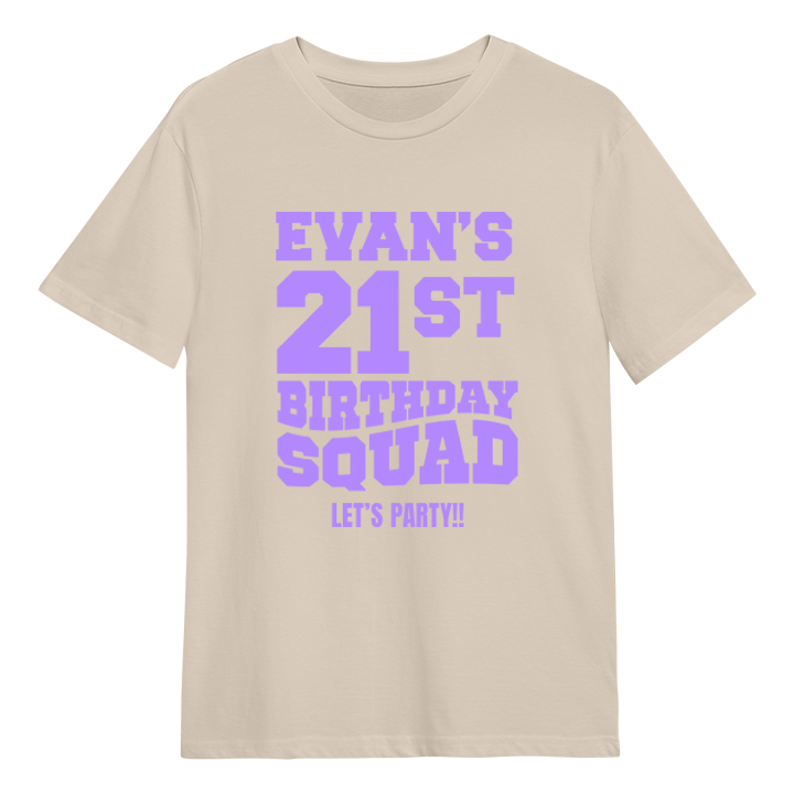 A custom 21st birthday shirt which has the custom text Evan's Birthday Squad, Let's Party!! in a bold blocky font