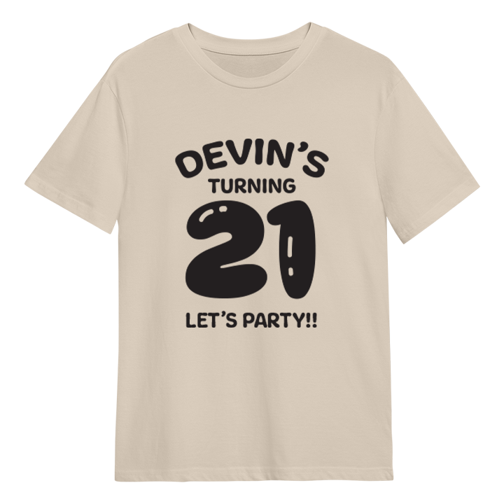A custom 21st birthday t-shirt which has the custom text Devin's turning 21, Let's Party!! with the 21 in a balloon text