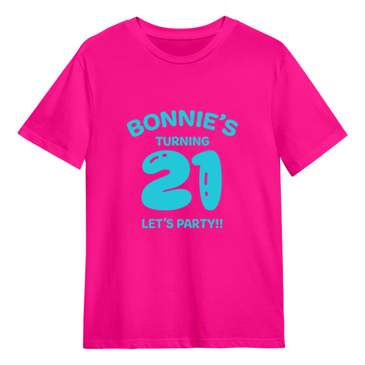 A custom 21st birthday t-shirt which has the custom text Bonnie's turning 21, Let's Party!! with the 21 in a balloon text