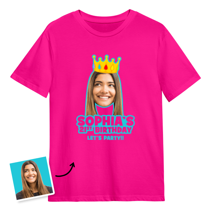 A custom 16th birthday t-shirt with a woman's face on it wearing a crown with custom text reading Sophia's 21st Birthday, Let's Party!!