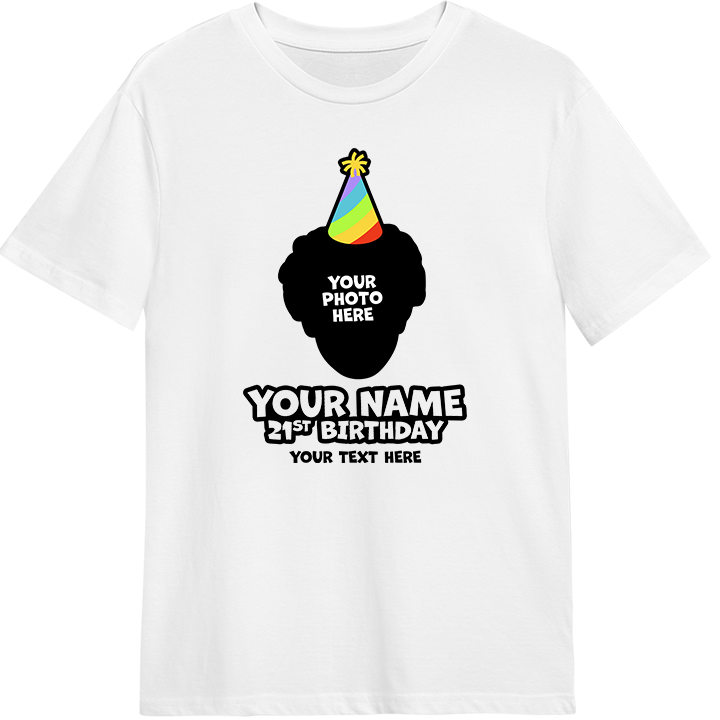 A custom 21st birthday shirt where you can add a person's picture so it looks like they're wearing a rainbow coloured party hat, as well as custom text 
