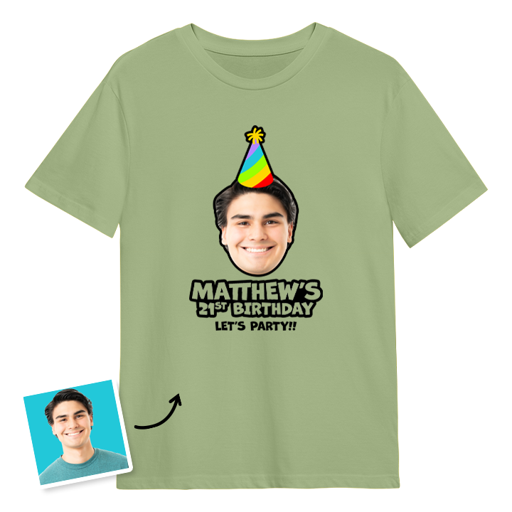 Birthday hat custom photo t shirt with a man's face on it who is wearing a party hat and the custom text Matthew's 21st birthday, let's party!!