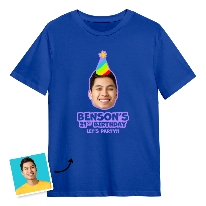 Birthday hat custom photo t shirt with a man's face on it who is wearing a party hat and the custom text Benson's 21st birthday, let's party!!
