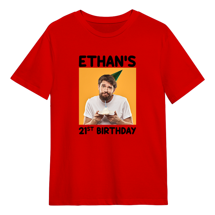 A custom birthday shirt that has had a photograph of a man in a party hat added to it with the custom text Ethan's 21st Birthday