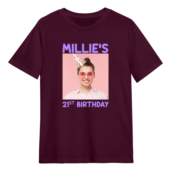 A custom birthday shirt that has had a photograph of a woman in a party hat added to it with the custom text Millie's 21st Birthday