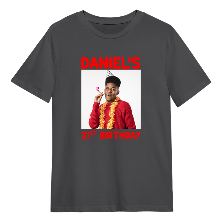 A custom birthday shirt that has had a photograph of a man in a party hat added to it with the custom text Daniel's 21st Birthday