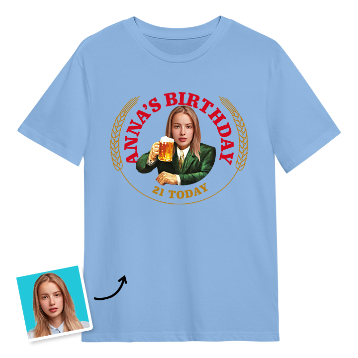 A Moretti themed 21st birthday t-shirt with a woman's photo edited into the iconic Moretti design with custom text reading Anna's Birthday 21 Today