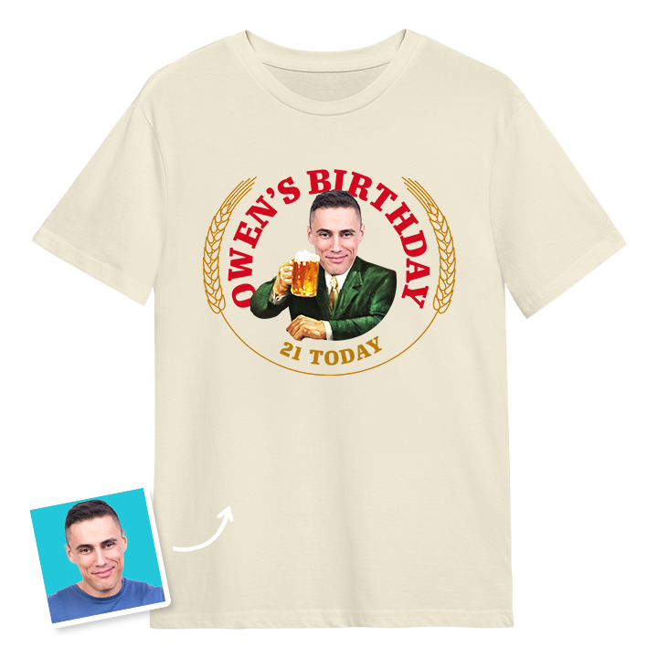 A Moretti themed 21st birthday t-shirt with a man's photo edited into the iconic Moretti design with custom text reading Owen's Birthday 21 Today