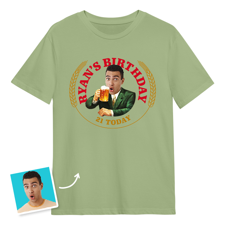 A Moretti themed 21st birthday t-shirt with a man's photo edited into the iconic Moretti design with custom text reading Ryan's Birthday 21 Today