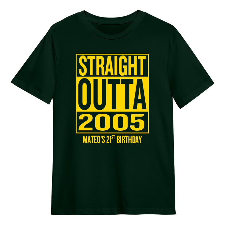 A straight outta compton themed 21st birthday t-shirt that reads Straight Outta 2005 and the custom text Mateo's 21st Birthday