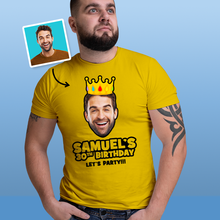 A male model wearing a custom 30th birthday shirt where you can add a person's picture so it looks like they're wearing a crown, as well as custom text 