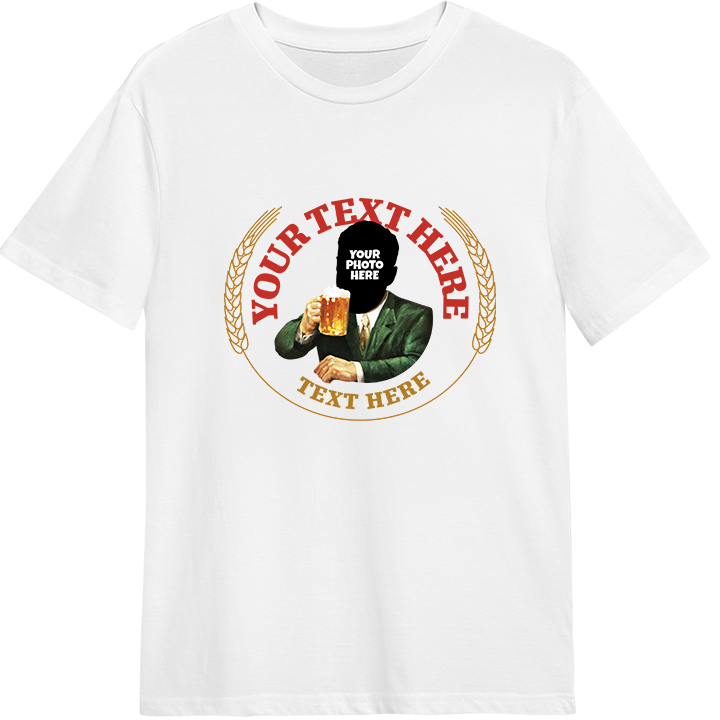 A custom Moretti themed 30th birthday t-shirt that has room for two lines of custom text and a face photo to be added to the Moretti logo which is of a man in a green suit drinking beer 