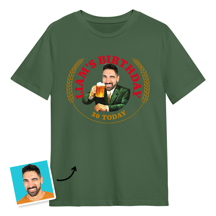 A Moretti themed 30th birthday t-shirt with a man's photo edited into the iconic Moretti design with custom text reading Liam's Birthday 30 Today